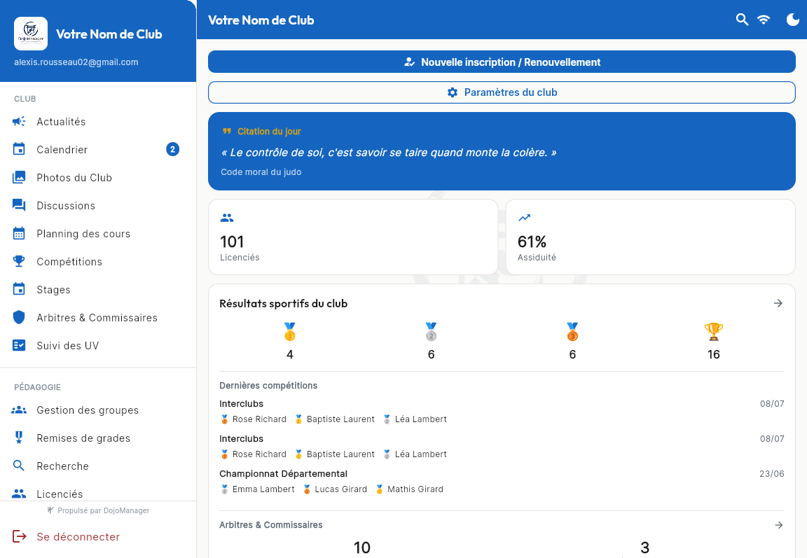 Tableau de bord DojoGestion : licenciés, assiduité, résultats sportifs et dernières compétitions du club