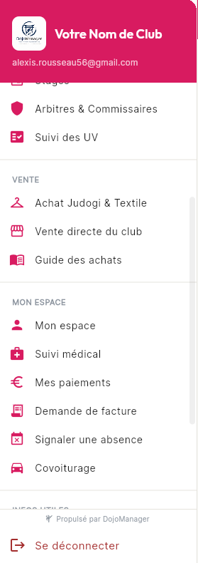 Menu principal DojoGestion, adapté au rôle de chaque utilisateur